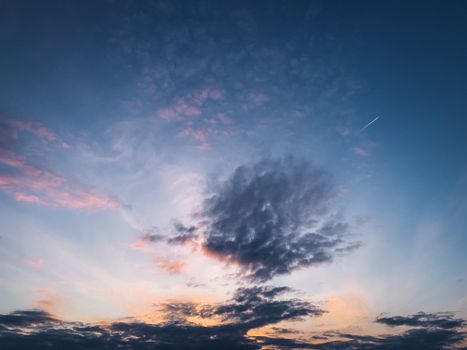 A beautiful scene showcasing a dramatic cloudscape against a vibrant sunset sky, perfect for nature enthusiasts.