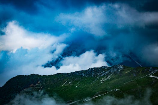 Majestic mountain landscape under a dynamic cloudscape in Visso, Marche, Italy.