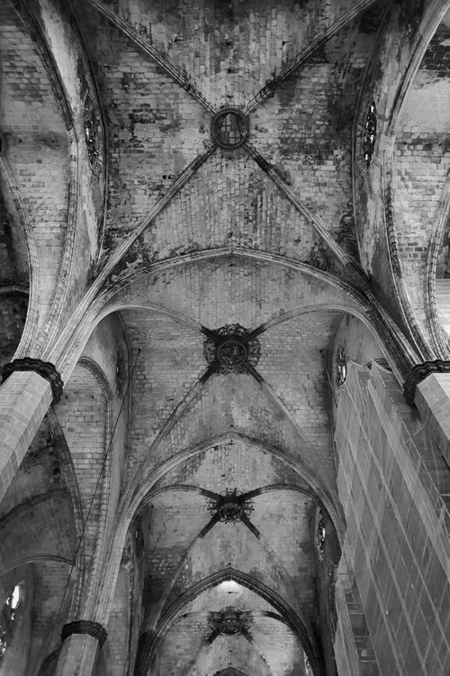 Free Stunning black and white photo of a Spanish Gothic cathedral's vaulted ceiling. Stock Photo