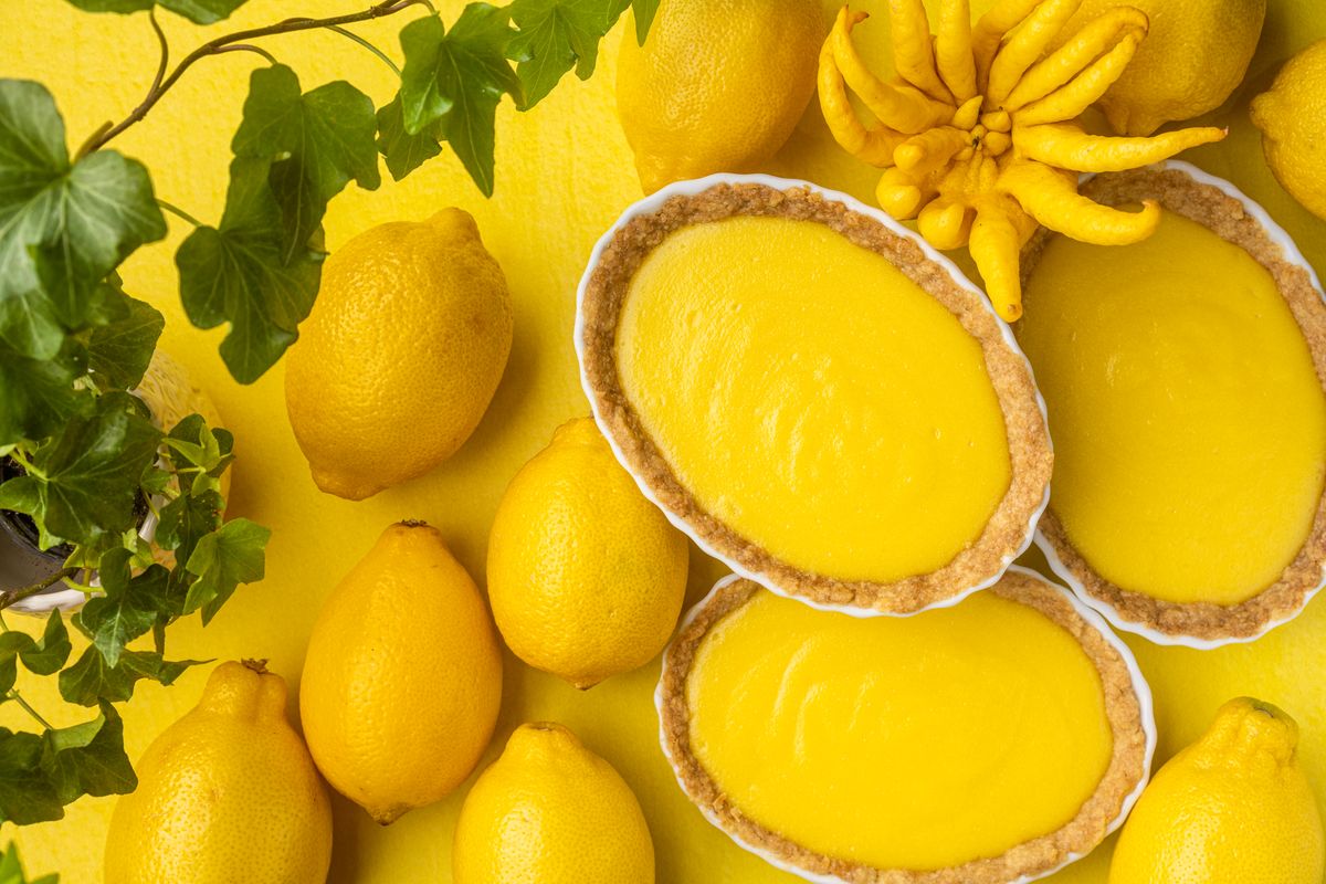 Oval tartlets filled with bright yellow lemon curd surrounded by whole lemons and ivy