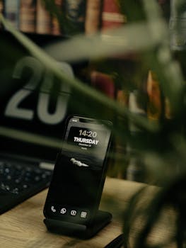 A smartphone on a stand displays time and date, surrounded by tech decor.