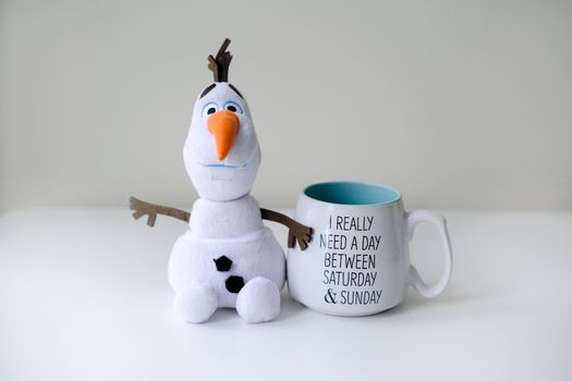 A cute snowman stuffed toy beside a humorous mug on a white surface, perfect for light-hearted decor.