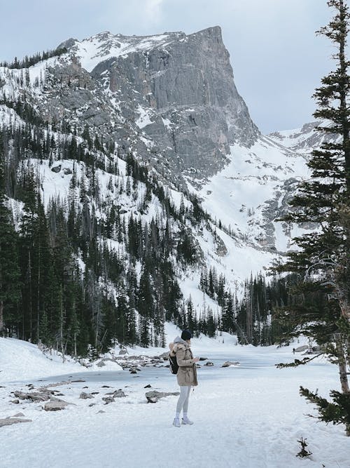 A Woman on a Snow Covered Field with a View of a Rocky Mountain