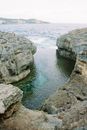 Gray Rock Formation on Body of Water