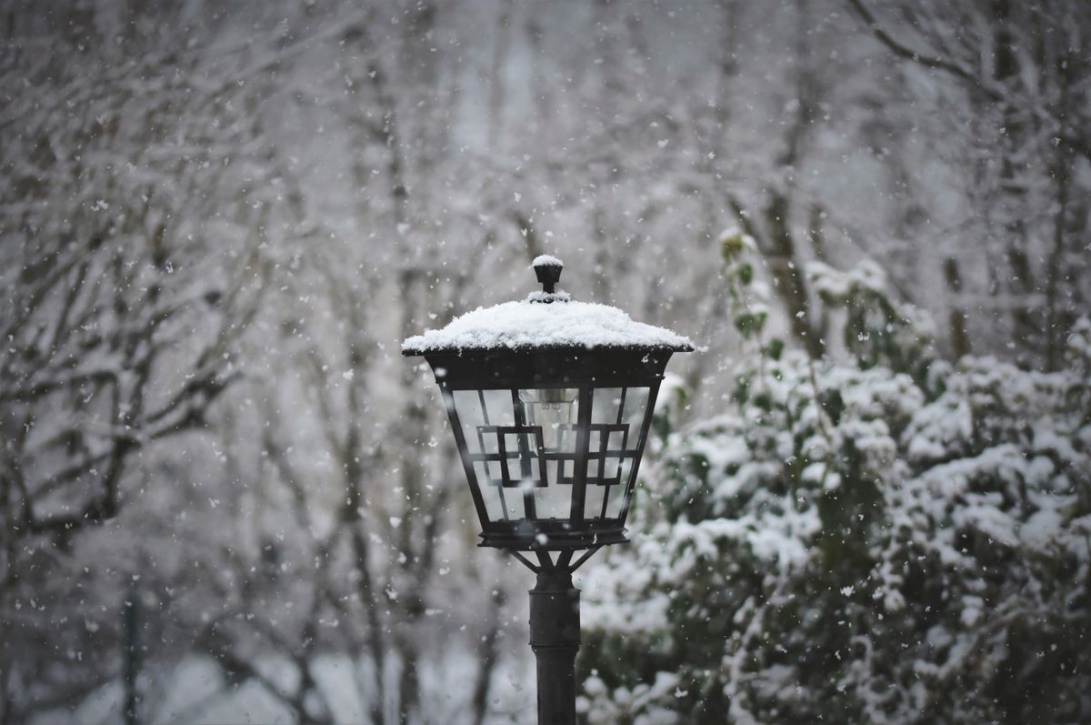 Vintage lamp post covered in snow in a forest during a snowfall, illustrative photo