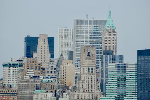 A diverse skyline of New York City showcasing historic and modern skyscrapers.
