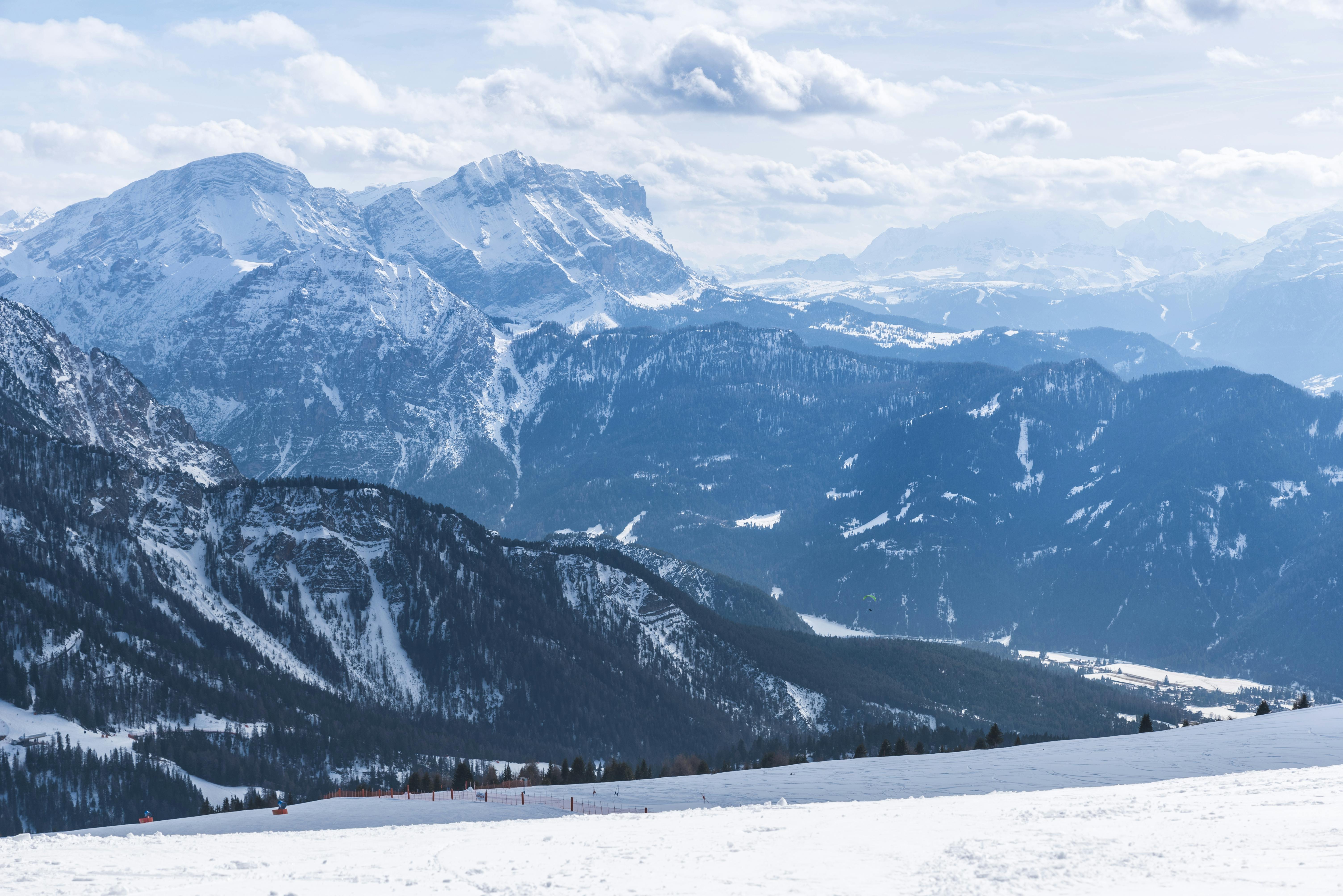 Breathtaking view of snow-covered mountains under a clear sky, perfect for winter adventures.
