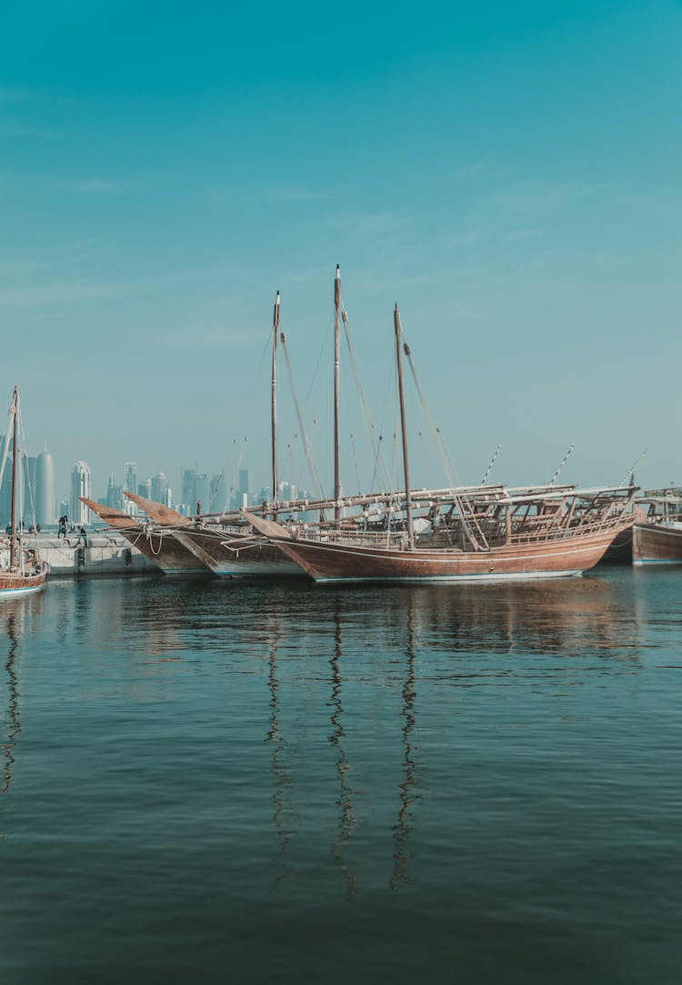 Dhow Boats Docked On Doha Bay