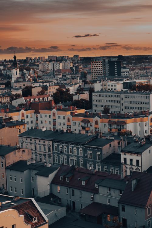 Free A breathtaking aerial cityscape of Bydgoszcz, Poland, captured at sunset with rich architectural detail. Stock Photo