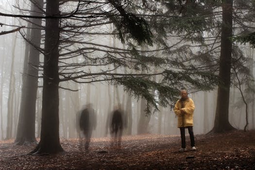 A man and ghostly figures stand silently in a foggy Tuscan forest, evoking mystery.