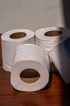 A close-up shot of four toilet paper rolls arranged on a wooden surface with natural lighting.