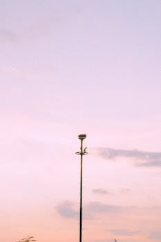 Vertical shot of a solitary lamp post against a pastel sky at twilight.