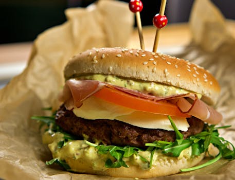 Delicious gourmet burger with cheese, ham, and tomato on a sesame bun, perfect for food photography.