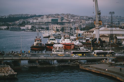 Cargo Ships on Body of Water Near Bridge with Vehicles