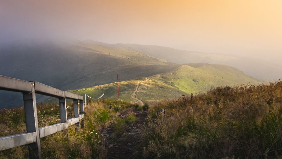 Captivating view of a hiking trail in Bieszczady Mountains, Poland, illuminated by the warm sunset glow.