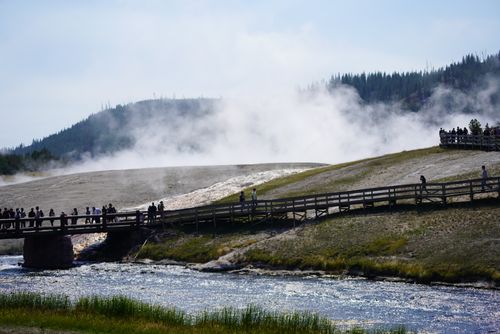 Free Tourists exploring a footbridge amidst steam in Yellowstone's geothermal landscape. Stock Photo