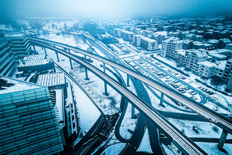 Aerial View Of Expressway Bridge And City Buildings