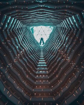 Symmetrical architectural design of a modern atrium with skylight and striking geometry.