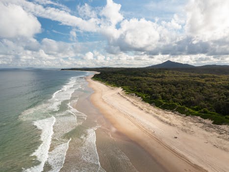 A stunning aerial view of a pristine Australian beach with waves crashing on the shore and lush greenery nearby.