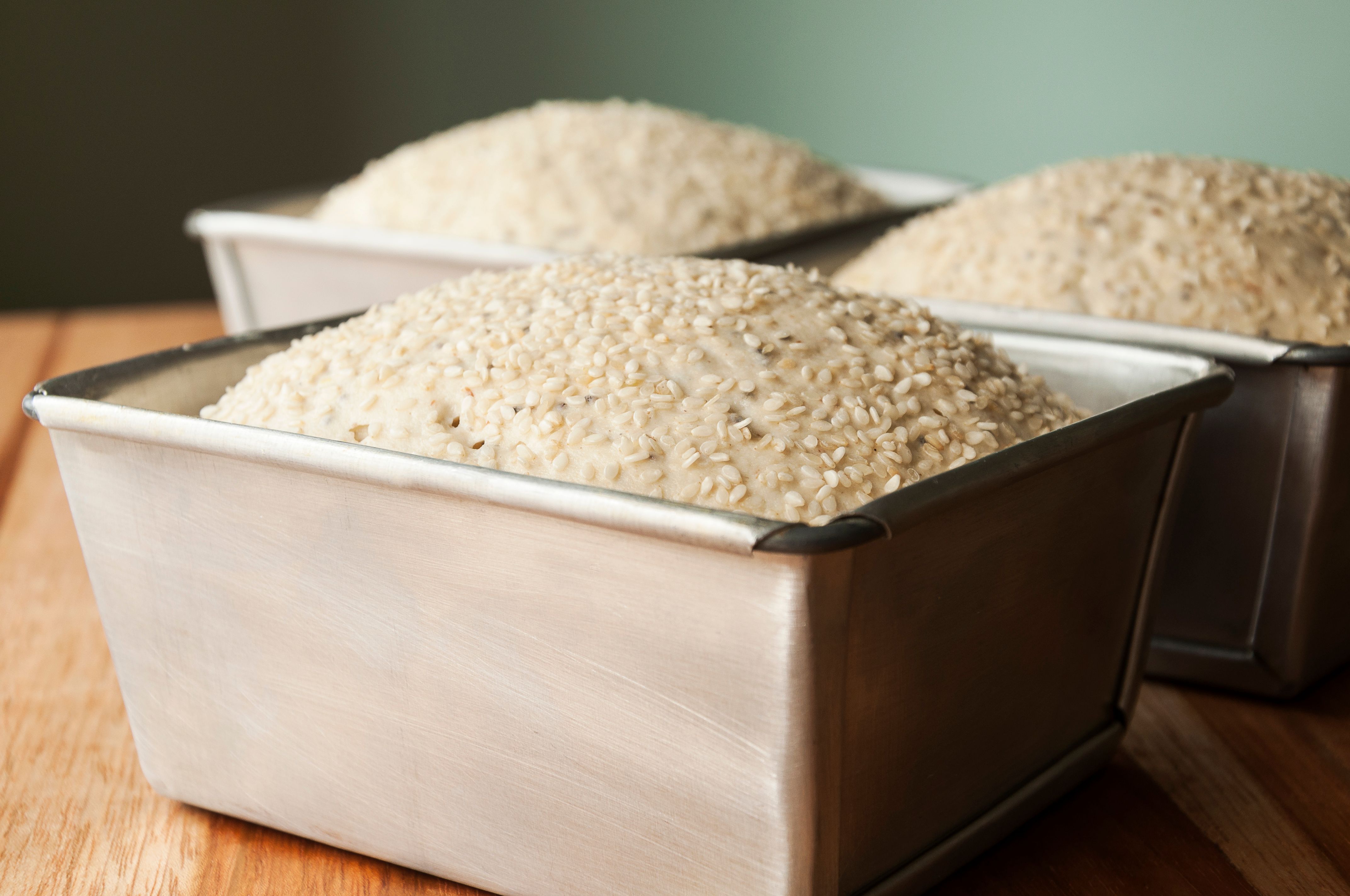 Freshly risen bread dough topped with sesame seeds in metal loaf pans, ready for baking.