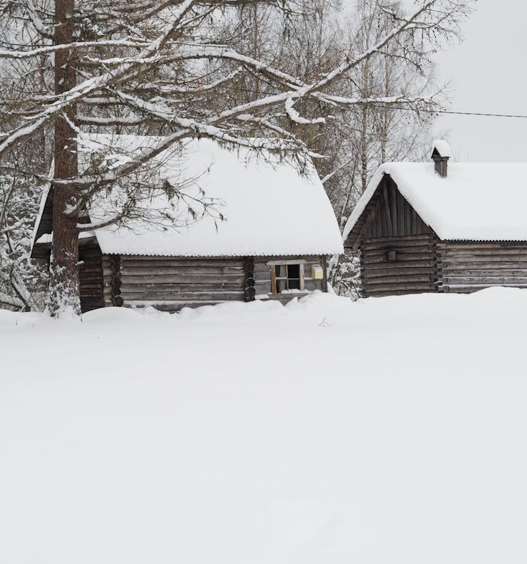 Wooden Cabins Covered In Snow 