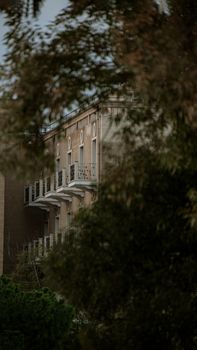 A classic multi-balcony building viewed through lush trees, conveying urban serenity.