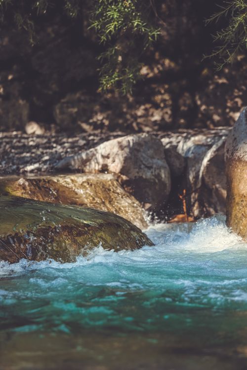 Free A serene view of a flowing mountain stream with rocks in Kreuth, Bavaria. Stock Photo