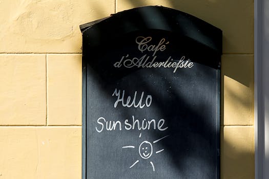 Outdoor cafe chalkboard with 'Hello Sunshine' greeting and sun drawing.
