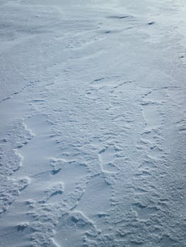 A close-up of textured snow under bright winter light, showcasing natural patterns.