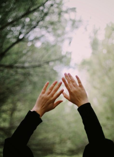 Blurred image of hands raised towards sky with green forest in background.