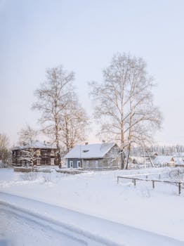 Idyllic snowy village landscape with houses and bare trees under a clear winter sky.
