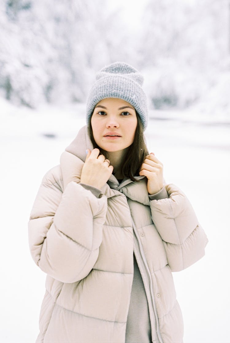 Portrait Of Young Woman With Winter Forrest The Background