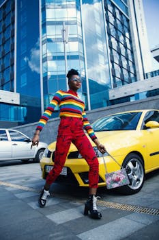 在城市地区，一位穿着彩虹上衣和红裤子的时尚人士乘坐着黄色汽车