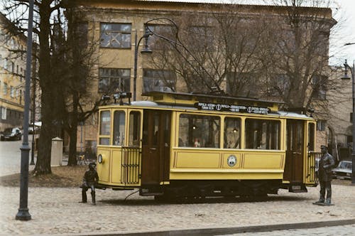 A Yellow Tram Restaurant on a Street in Vyborg, Russia