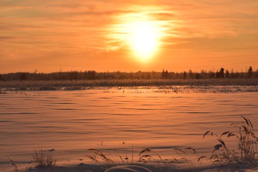 Beautiful winter sunset casting a warm glow over a snowy field in Surgut, Russia.
