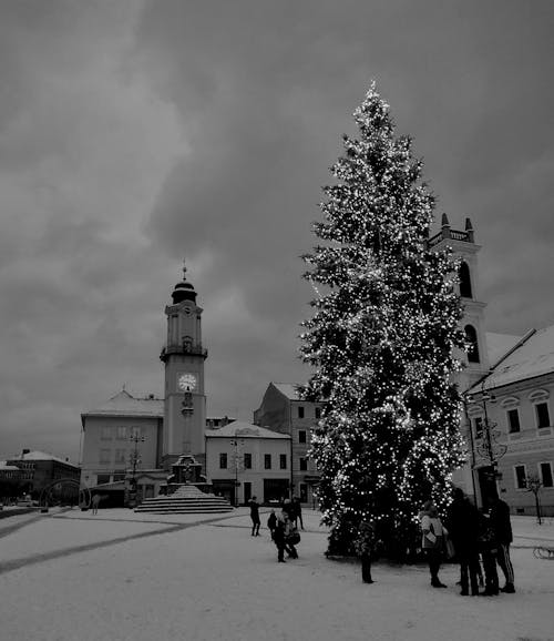 A Grayscale Photo of People Standing on the Street Near the Christmas Tree