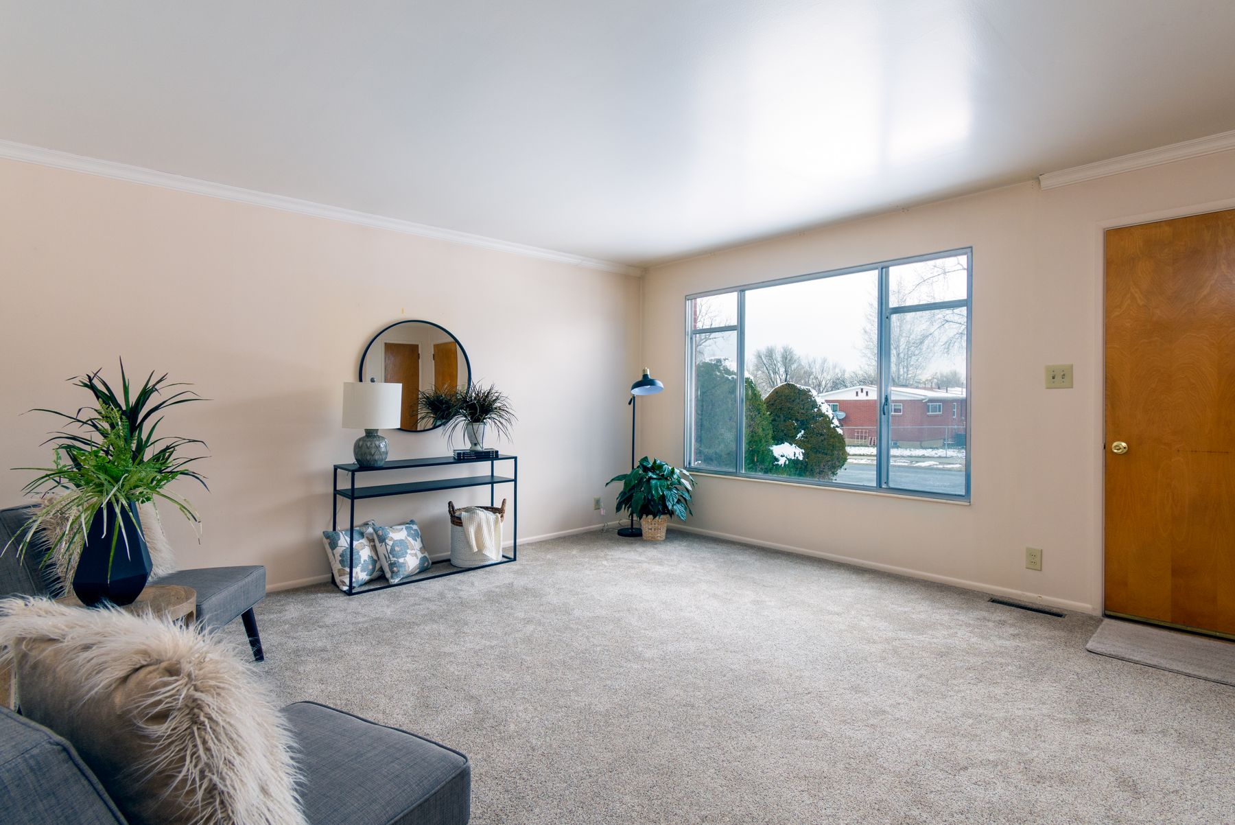 Airy living room with large windows and multiple houseplants