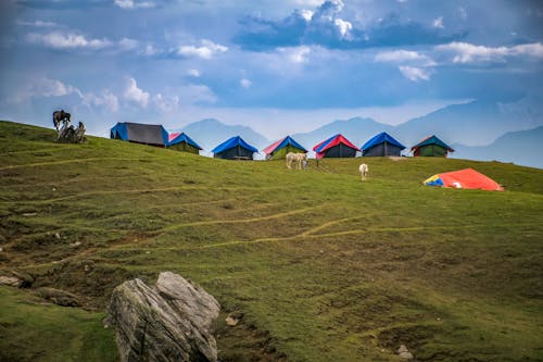 Fotografiert Von Ausgekleideten Zelten Auf Green Grass Hills