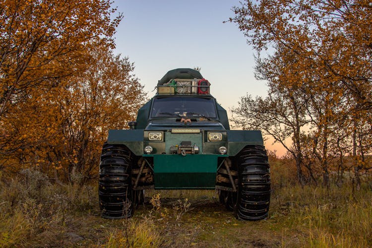 Symmetrical View Of A Heavy Vehicle And Autumn Trees