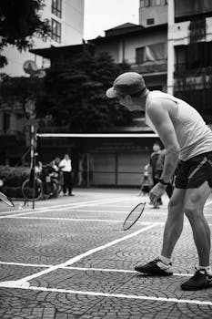 Black-and-white photo of a street tennis game in Vietnam, featuring a player ready to serve.