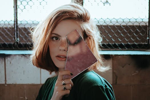 Artistic portrait of a redhead woman holding a mirror, showcasing her freckles and unique expression.