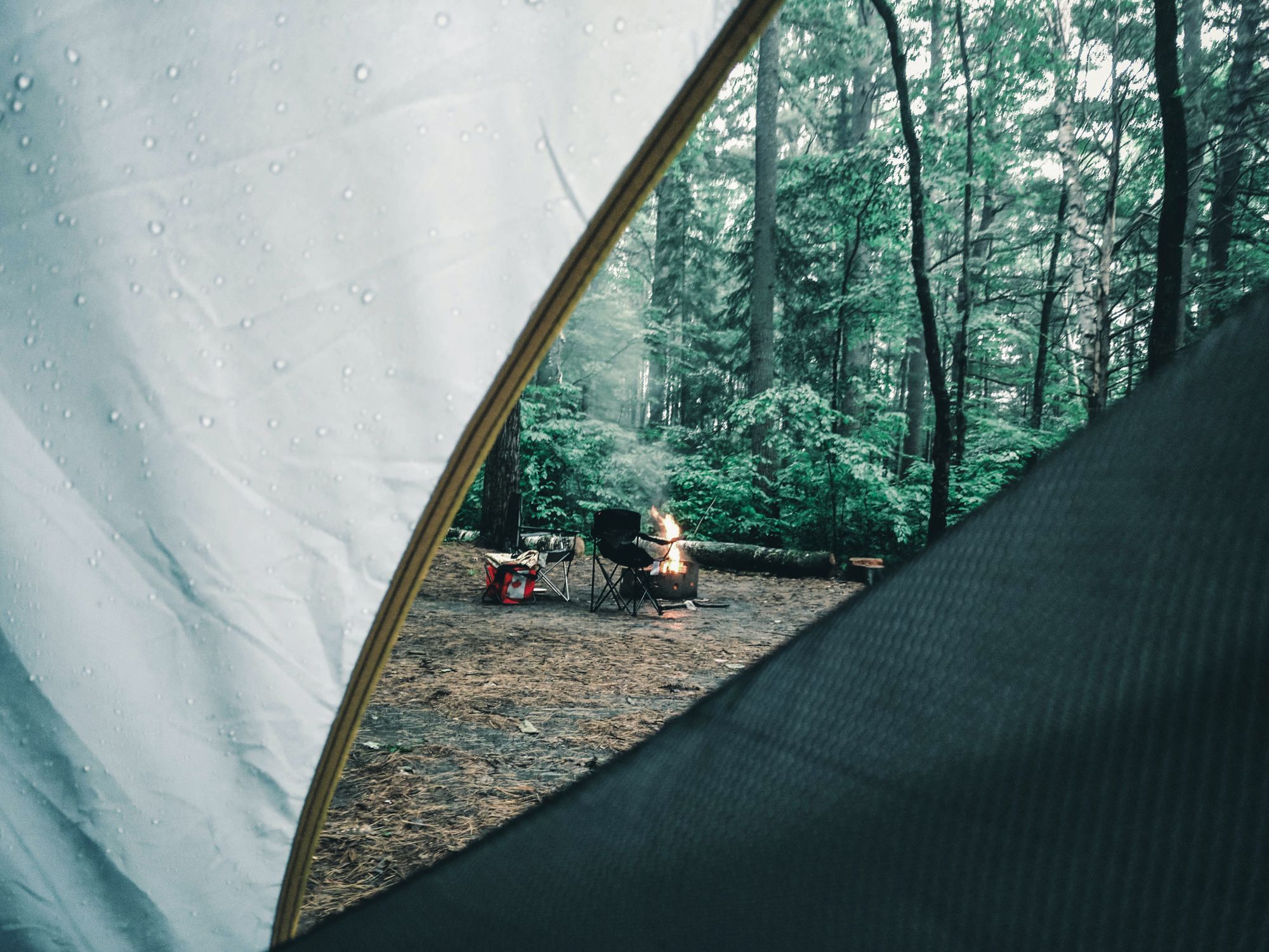 Cozy campsite view through tent flap, featuring a bonfire and camping chairs in a tranquil Canadian forest.