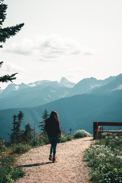Free A person walking along a mountain path overlooking stunning peaks in Revelstoke, Canada. Stock Photo