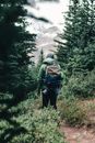 Man in Black Jacket and Blue Backpack Walking on Forest