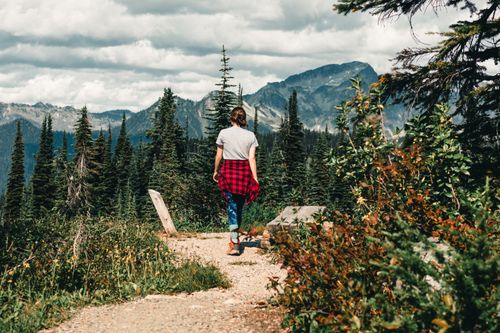 Free Woman walking through lush forest trail in Revelstoke, BC, surrounded by mountains. Stock Photo