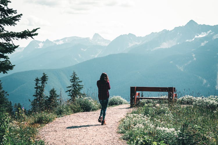 Person Walking On Unpaved Pathway Near Wooden Bench