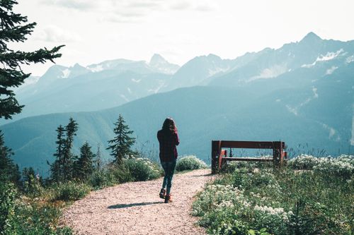 Free A woman in plaid shirt hiking a trail with a wooden bench and mountain view in Revelstoke, BC. Stock Photo