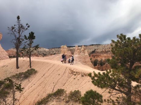 Explore Bryce Canyon's stunning landscapes with hikers on a scenic trail surrounded by iconic geological formations.