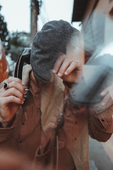 Man in hat using vintage phone on São Paulo street, capturing an incognito moment.