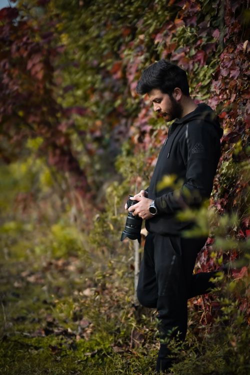 Free Man in black holding a camera, standing by colorful vines in autumn. Stock Photo